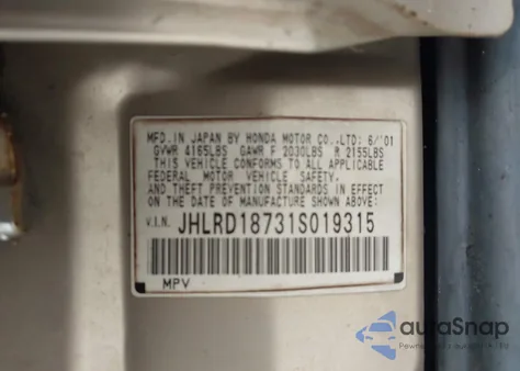 2001 Honda Cr-V Special Edition from USA, damaged, VIN JHLRD18731S019315